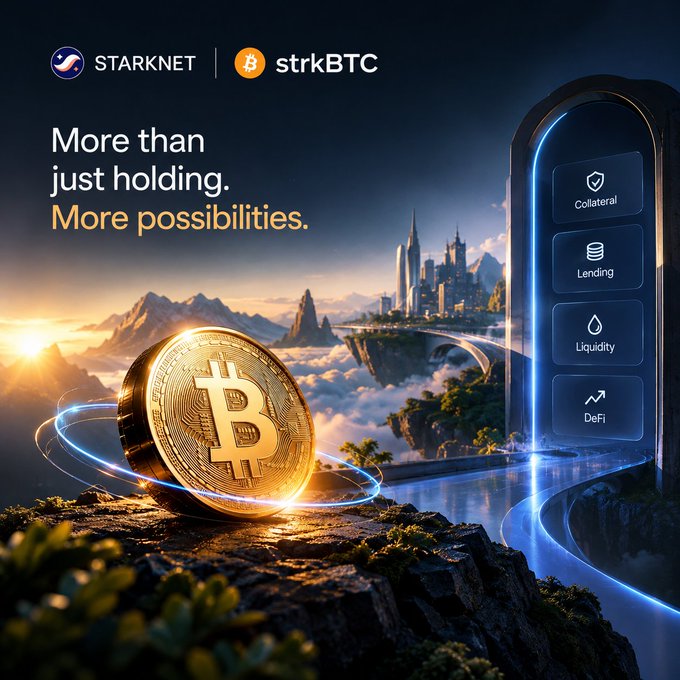 A promotional advertisement for StarkNet and strkBTC featuring a golden Bitcoin coin on a cliffside with a futuristic city, displaying the tagline 'More than just holding. More possibilities.' alongside icons for Collateral, Lending, Liquidity, and DeFi.