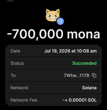 The image shows a successful Solana wallet transaction of -700,000 MONA tokens sent to address 7Wtw...117B on July 19, 2026, with a minimal network fee of less than 0.00001 SOL. This appears to be proof of a MONA token airdrop claim, directly supporting the post's request for Solana addresses to receive the MONA token distribution for the first 750 wallets following @Monasolanatoken.