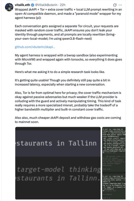 A screenshot of a tweet from 'vitalik.eth (@VitalikButerin)' discussing zkAPI, Tor, and an LLM prompt wrapper, including a terminal screenshot showing text like 'restaurants in Tallinn' and 'target-model thinking'.