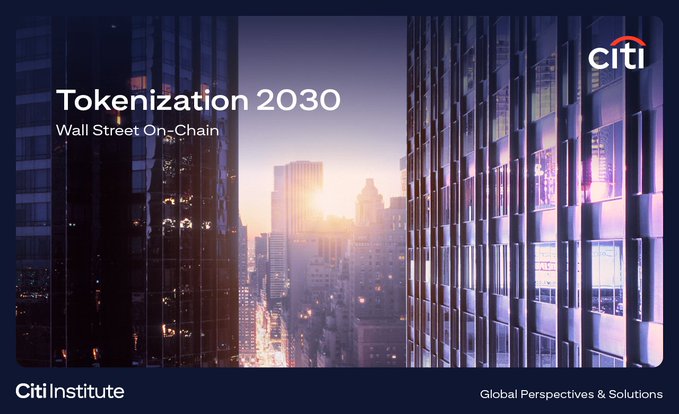 The image features a city skyline with tall buildings, including one that has "Citi" written on it. The text "Tokenization 2030 Wall Street On-chain" can be seen at the top of the image. The focus of the image is on the cityscape and its connection to the post about Chainlink Everything.