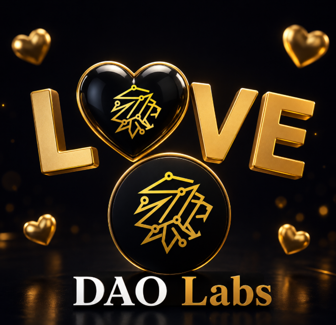 A 3D graphic with golden "LOVE" lettering where the "O" is replaced by a black heart-shaped emblem featuring the DAO Labs logo, surrounded by floating golden hearts and topped with "DAO Labs" text at the bottom.

The image conveys excitement and affection for DAO Labs' upcoming update, visually symbolizing the "love" and anticipation the community feels for the enhanced Post-to-Earn experience and #SocialMining improvements.