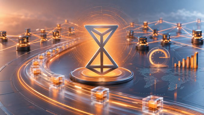 A digital art image featuring a glowing golden Tron (TRX) cryptocurrency logo as an hourglass on a futuristic platform, surrounded by blockchain nodes, data cubes, and a world map in the background.