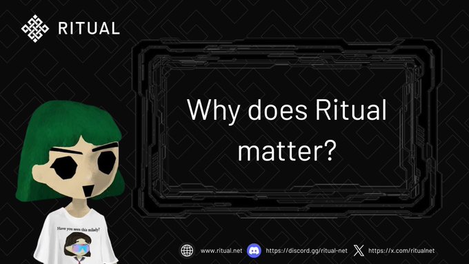 The image features a cartoon girl with green hair wearing a white shirt that says "Why does Ritual matter?". The girl appears to be standing against a black background, which contrasts with her vibrant green hair. Below her, there's text that reads "What does Ritual matter? Most AI today is controlled by a few large companies. If an AI model makes a decision, users usually have no way to verify how or why it happened." This message seems to be promoting the idea of understanding and questioning the decisions made by AI systems.