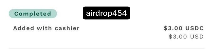 A digital payment confirmation screen shows a completed transaction labeled "airdrop454" for $3.00 USDC added with a cashier.