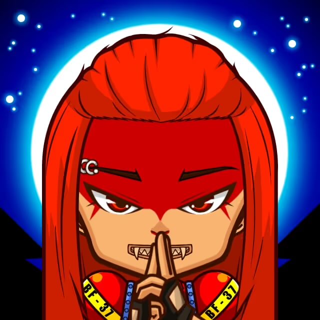 An anime-style character with red hair and red face markings poses with hands together in a prayer-like gesture against a starry blue background, with "BF-37" visible on a yellow tag.
