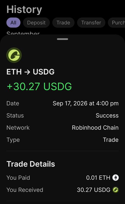 A mobile app history screen shows a successful trade of 0.01 ETH for 30.27 USDG via the Robinhood Chain on September 17, 2026.