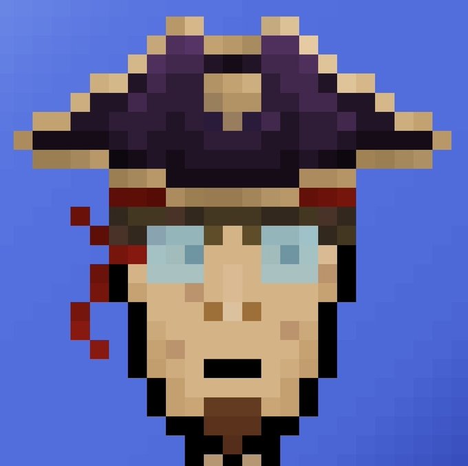 A pixel art portrait of a pirate with a wide-brimmed hat, an eye patch, and a goatee stares forward against a blue background, visually embodying the "on-chain" digital world theme and the rebellious, adventurous spirit of the $DERP token promoted in the accompanying post.