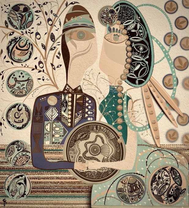 A stylized mixed-media illustration depicts a man and woman whose faces and clothing are constructed from intricate, decorative patterns and circular motifs in shades of teal, brown, and beige, holding a patterned circular object.