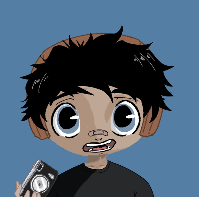 An animated illustration of a wide-eyed character with messy black hair, brown skin, and a bandage on their nose, wearing headphones and holding a camera against a blue background.
