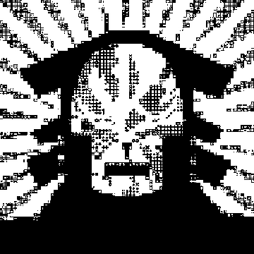 A high-contrast black and white glitchy pixelated image of a man's face with dark hair, surrounded by static and digital distortion artifacts.