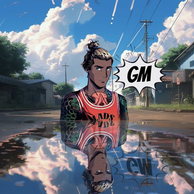 An anime-style illustration of a muscular man with tattoos and a topknot wearing a red tank top, standing in a puddle that reflects his image, with a speech bubble saying "GM."