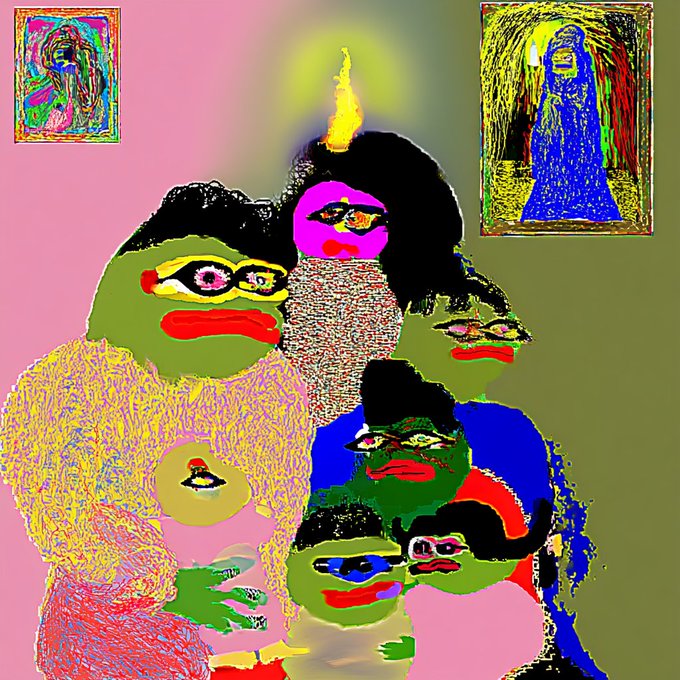 A vibrant, surreal digital illustration featuring distorted cartoonish figures with exaggerated lips and a flame on one character's head, framed by two framed portraits in the background—fittingly bizarre "gm" (good morning) artwork for the crypto Twitter crowd.
