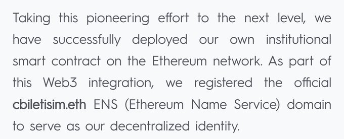 The image features a text box with information about a government's use of decentralized ENS identities, specifically mentioning that they are welcoming blockchain techs as a breather after market crashes. The text box also includes an attached document titled "Taking this pioneering effort to the next level, we have successfully deployed our own institutional smart contract on the Ethereum network. As part of this smart contract, we registered the official domain www.ens.eth."
