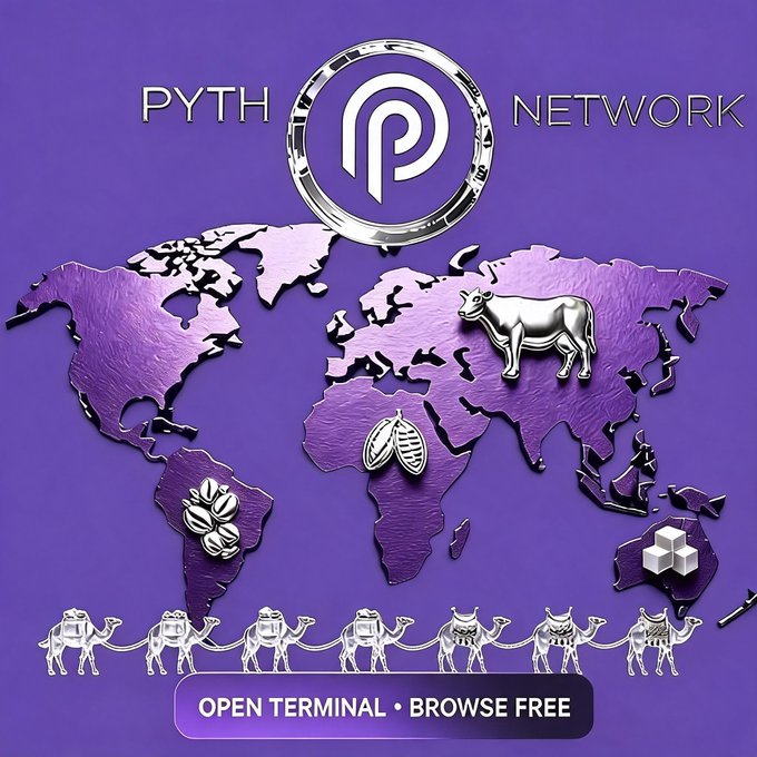 The image features a purple background with a map of the world displayed above it. Below the map, there are various objects such as a cow, a camel, and a box, all set against the purple backdrop. The text "@PythNetwork" is written in white letters at the top of the image. The phrase "Open Terminal - browse free" is also present on the image. This suggests that the image might be promoting an online platform or service related to cryptocurrency or blockchain technology.