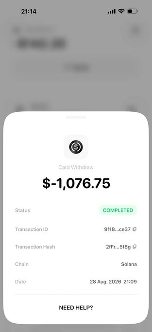 The image shows a mobile app transaction confirmation for a "Card Withdraw" of -$1,076.75 marked as COMPLETED on the Solana chain, dated 28 Aug, 2026. The screenshot illustrates the user's frustration with a crypto card issue, visually supporting their complaint to @circle about funds and the company's ability to freeze balances.