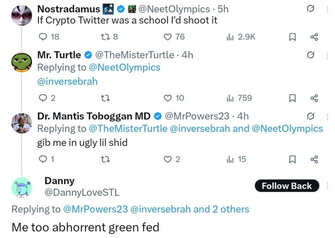 A Twitter/X thread shows @NeetOlympics commenting "If Crypto Twitter was a school I'd shoot it," followed by @TheMisterTurtle tagging @inversebrah, then @MrPowers23 replying "gib me in ugly lil shid," and @DannyLoveSTL responding "Me too abhorrent green fed," reflecting chaotic crypto meme culture that aligns with the post's mention of acquiring new names/handles.
