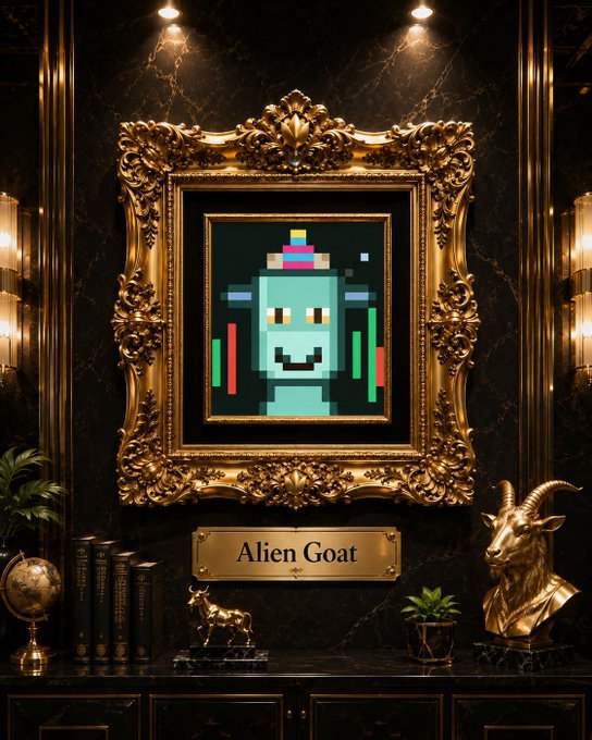 An ornate gold-framed pixel art portrait of a turquoise character labeled 'Alien Goat' displayed on a marble wall with decorative statues below.