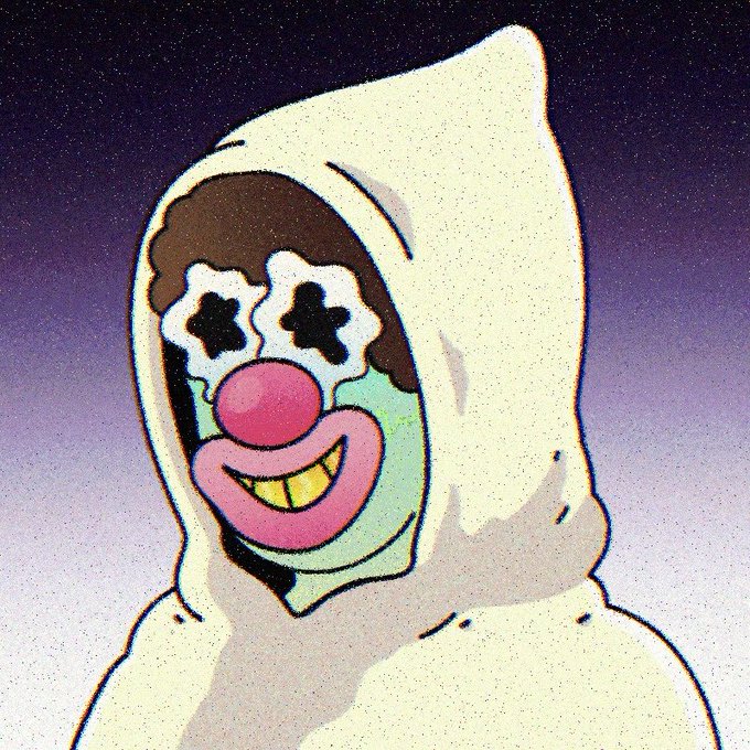 A cartoon-style illustration of a person wearing a white hooded robe, with a clown-like face featuring star-shaped eyes, a pink nose, and a wide toothy smile, set against a starry purple background.