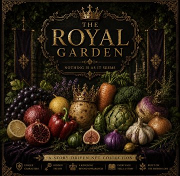 Promotional graphic titled 'THE ROYAL GARDEN' with the subtitle 'NOTHING IS AS IT SEEMS' and 'A STORY-DRIVEN NFT COLLECTION', featuring an ornate display of fruits, vegetables, and a crowned artichoke.