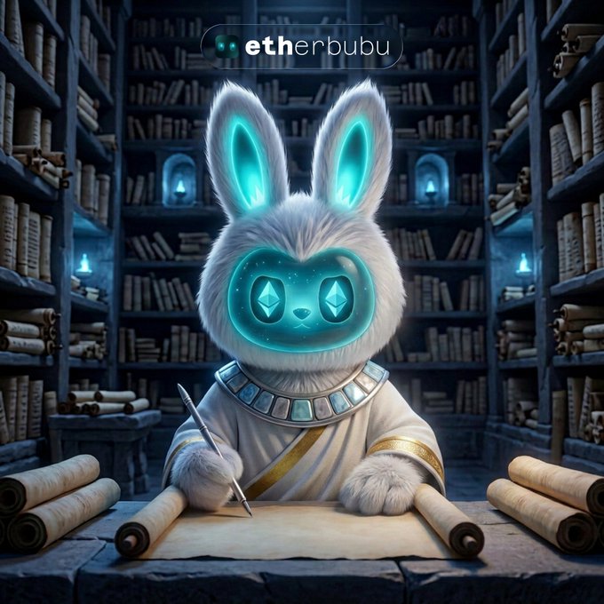 A fluffy white rabbit with glowing cyan geometric eyes and ears, dressed in an ornate robe, sits at a desk holding a pen over scrolls in a dimly lit library, with the "etherbubu" logo displayed above—visually reinforcing the post's promotion of the EtherBubu mystery chest collection featuring $BUBU tokens launching on Robinhood.