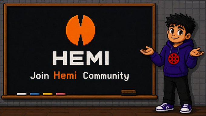 Pixel-art cartoon character in a purple Hemi hoodie standing next to a chalkboard displaying the Hemi logo and 'Join Hemi Community' text.