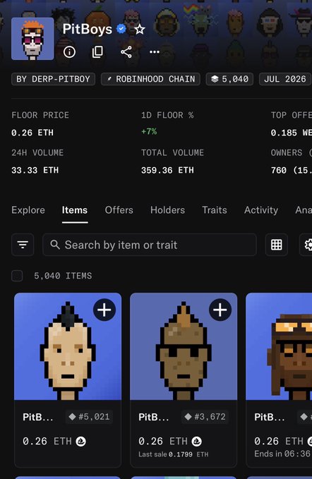 A screenshot of the PitBoys NFT collection page on Robinhood Chain shows a floor price of 0.26 ETH with 5,040 items, illustrating the collection's current valuation as part of "The Road to 1 ETH" journey toward a higher floor price. The 1D floor % shows a +7% gain, suggesting upward momentum on the way to reaching the 1 ETH milestone.
