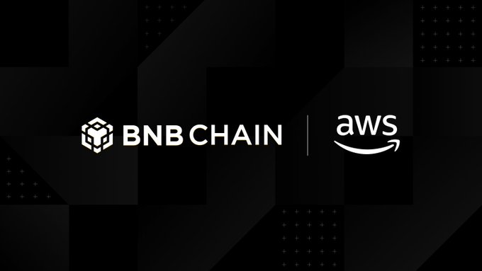 A promotional graphic featuring the BNB Chain and AWS logos side by side on a black background, visually representing the partnership between BNB Chain's Agent Studio and AWS Bedrock AgentCore to enable AI Agent deployment on the blockchain.
