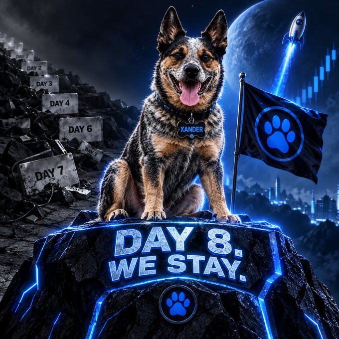 A fantasy-style image of a German Shepherd dog wearing a collar with a tag reading 'XANDER', sitting on a glowing blue rock platform with text 'DAY 8. WE STAY.' A flag with a blue paw print stands beside it, with a rocket launching toward the moon in the background and stone markers labeled DAY 1-7.