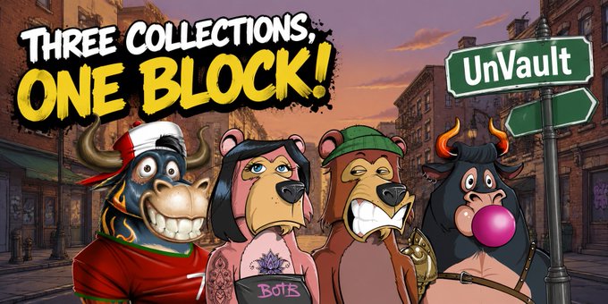 Promotional artwork reading "THREE COLLECTIONS, ONE BLOCK!" featuring four cartoon bulls with various hats and accessories, alongside a street sign labeled "UnVault".