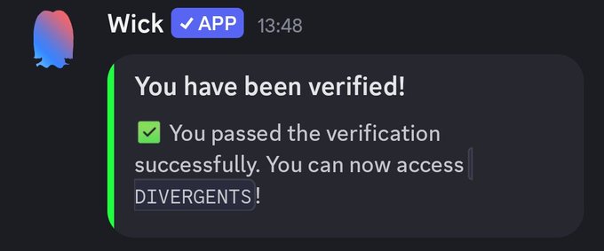 A Discord notification from Wick (app-verified) reads "You have been verified!" confirming access to the Divergents server, directly supporting the post's claim about joining the Divergents_eth Discord and receiving verification for the upcoming 10K PFP NFT collection.