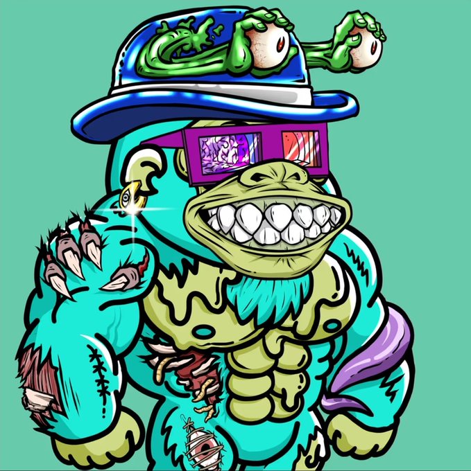 A cartoon illustration of a zombified, muscular duck-like creature wearing a blue and white hat, sunglasses with UFOs in the lenses, and a torn shirt with exposed ribs.