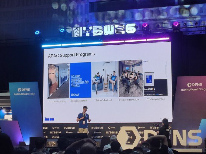 A presenter stands on a stage at 'MYOB' 'WEB26' in front of a large screen displaying 'APAC Support Programs' with images for 'Founders Residency', 'Circuit Accelerator', 'Builder's Podcast', 'Investor Introductions', and 'GTM Amplification'.