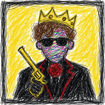 A naive, colorful sketch-style drawing of a figure with a multicolored face, wearing a gold crown, sunglasses, and a black suit with a red rose lapel, while holding a yellow revolver.