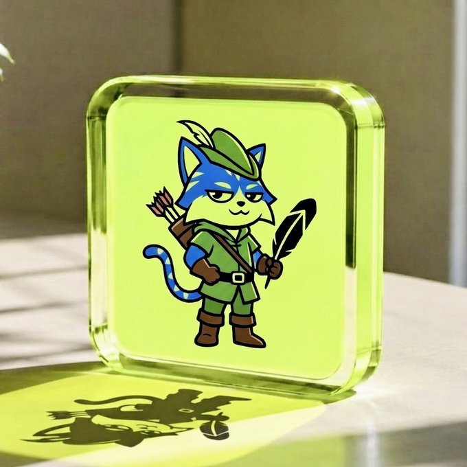 A green glass block features an illustration of a blue cat dressed as a green-clad archer with a quiver of arrows and a feather, casting a shadow on the surface below.