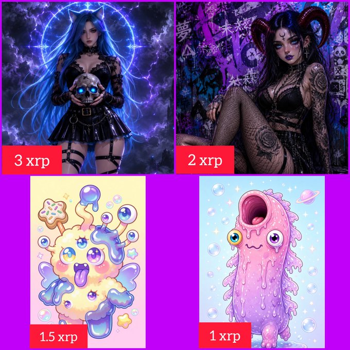 A collage of four digital art pieces for sale, showing two gothic anime-style women (3 xrp and 2 xrp) and two cute pastel creature illustrations (1.5 xrp and 1 xrp).