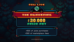 A promotional graphic for Mobile featuring 'THE AWAKENING' banner with a prize pot of '20,000' and details mentioning 500 juice purchases and marketcap fees.