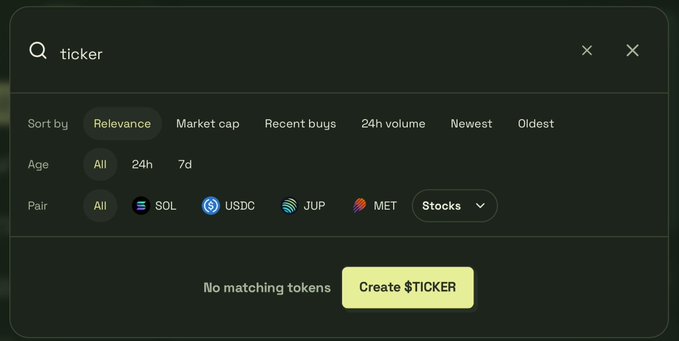A search interface shows the query 'ticker' with filters for relevance, market cap, and trading pairs (SOL, USDC, JUP, MET), displaying 'No matching tokens' with a button to 'Create $TICKER'.