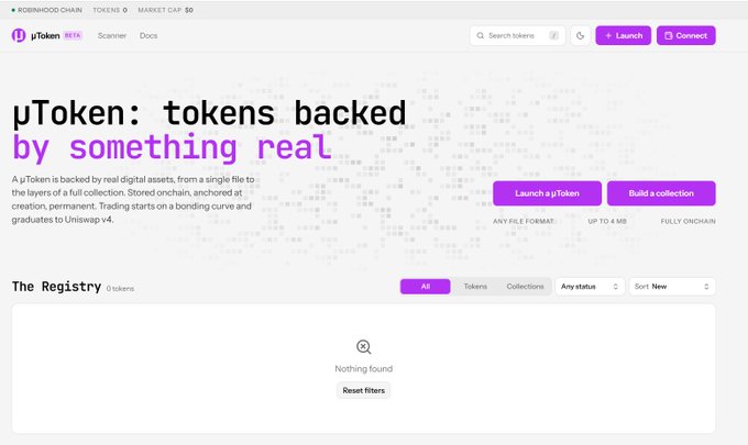 A screenshot of the μToken website on Robinhood Chain, displaying the tagline "μToken: tokens backed by something real" and an empty registry section.