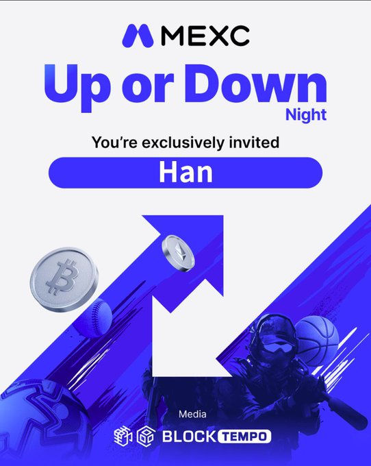 An MEXC 'Up or Down Night' event invitation exclusively for 'Han' with BLOCKTEMPO Media, featuring blue arrow graphics and cryptocurrency and gaming icons.