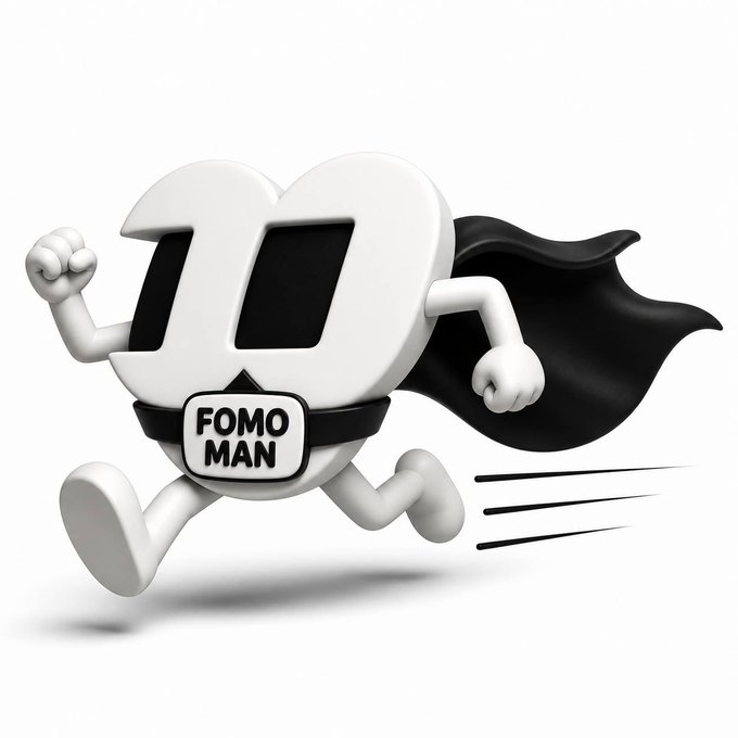 A 3D cartoon "FOMO MAN" character with a black cape sprints across the scene, wearing a badge reading "FOMO MAN." The image playfully personifies the fear of missing out for a $FOMO token promotion post seeking wallet recommendations.