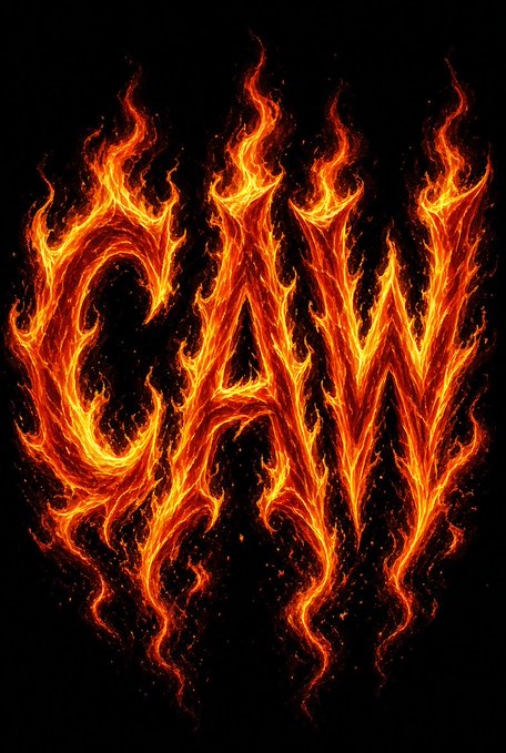 Stylized flames in shades of orange, yellow, and red form fiery lettering on a solid black background.