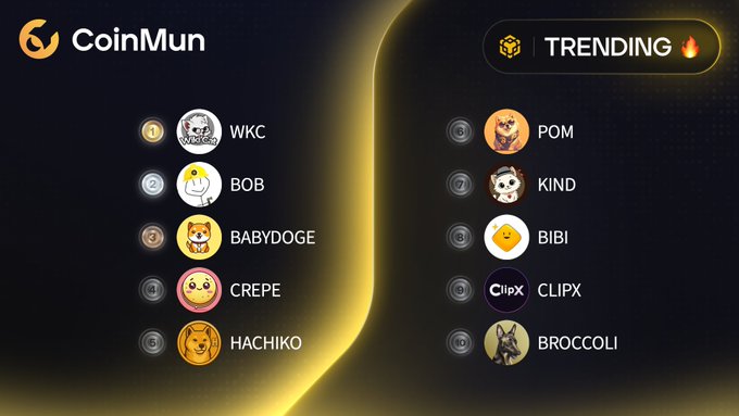 The image shows a computer screen displaying a list of cryptocurrency names, along with their corresponding symbols and popularity rankings. The top 10 most popular cryptocurrencies are listed at the top, while the bottom half lists the least popular ones. The text "CoinMun" is also present in the image.