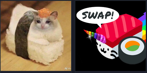 A cat sushi meme and a "SWAP!" graphic featuring a sushi roll icon reference the playful "sushiswap" pun in the post, which describes buying 2 cat-themed tokens on SushiSwap, cutting losses on one and holding the other to new highs.
