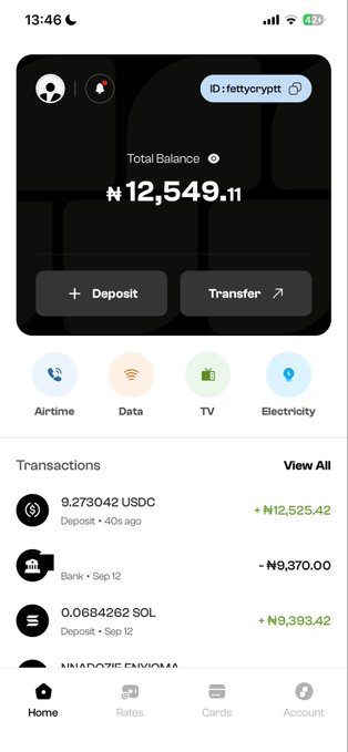 The image shows a mobile banking/crypto app dashboard displaying a total balance of 12,549.11 with the username "fet.tycryptt," featuring transaction history including deposits of 0.273042 USDC (+₦12,525.42) and 0.0684262 SOL (+9,393.42), alongside quick-action buttons for Airtime, Data, TV, and Electricity; the post "Drop aza for lunch" humorously suggests spending crypto profits on a casual meal despite the app showing only withdrawals and no available spending balance.