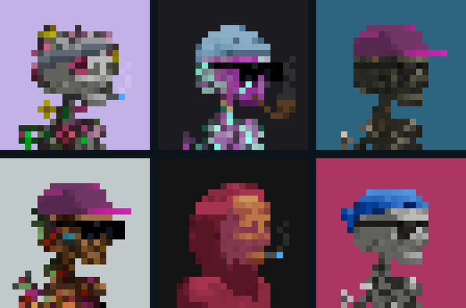 A grid of six pixel-art portraits of stylized characters wearing sunglasses and hats, set against various colored backgrounds including pink, black, blue, and white.