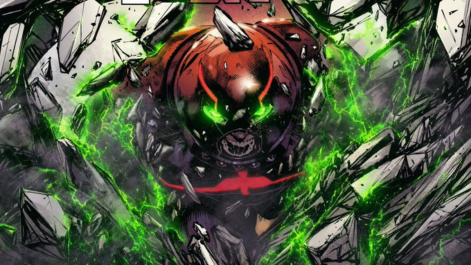 A menacing, demonic red helmeted figure with glowing green eyes and jagged teeth erupts through shattered debris surrounded by crackling green energy—visually embodying the unstoppable force implied by the "Juggernaut" meme and ticker $JUGGERNAUT referenced in the post.