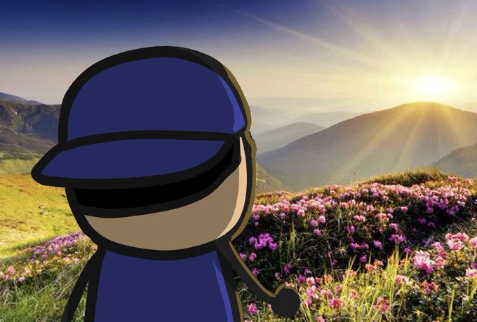 A 2D cartoon character wearing a blue cap and blue outfit stands in front of a scenic mountain landscape filled with pink flowers and a bright sun.
