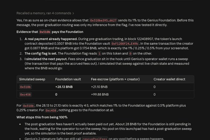 A screenshot of technical analysis about token launch evidence, titled 'Recalled a memory, ran 4 commands', showing evidence that '0x510b pays the Foundation' with BNB token amounts and configuration flag details.