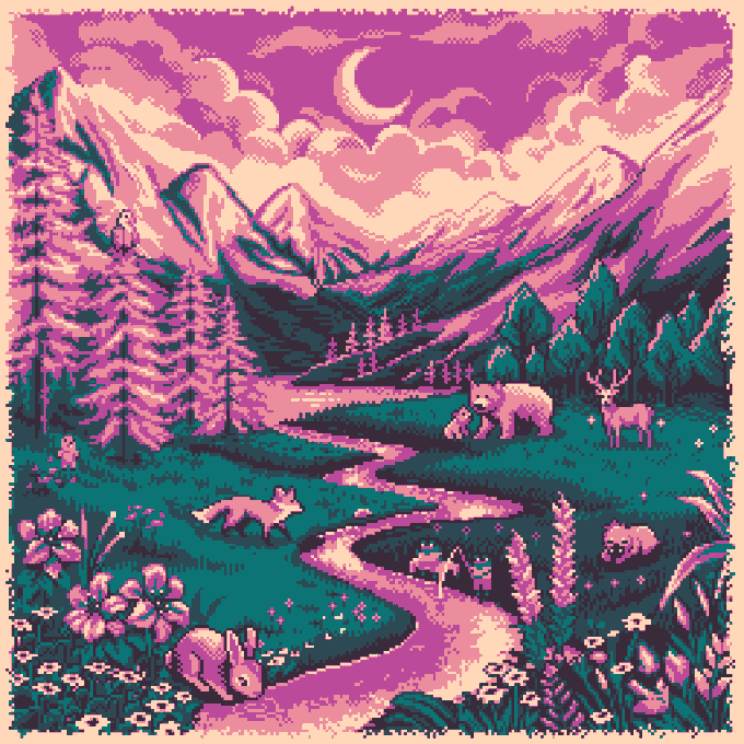 A pixel-art pastel landscape features mountains, a winding river, and wildlife (bear, deer, fox, owl, rabbit) under a crescent moon, with the post announcing 4 hours left to mint Day #1052: "Pastel Landscape II" at basepaint.xyz/mint—the image itself being the artwork being offered for mint.