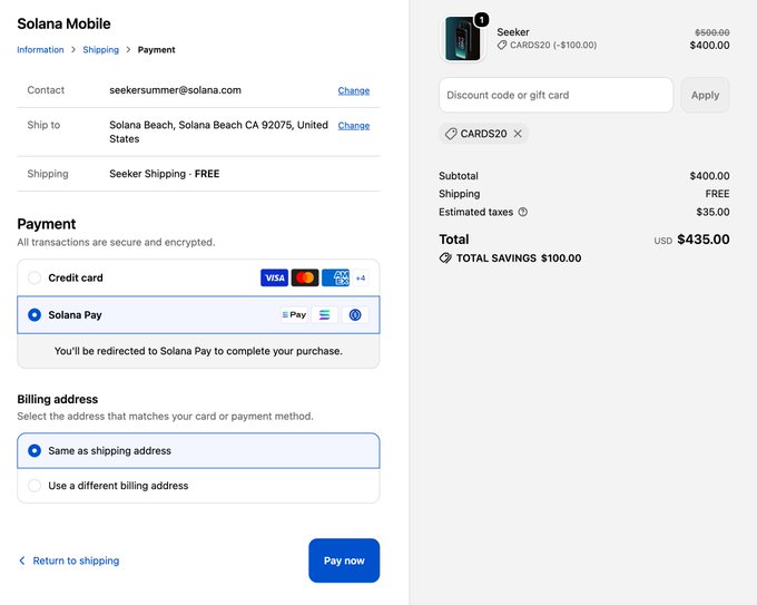 The image shows a Solana Mobile checkout page with the promo code CARDS20 applied, saving $100.00 (25% off) on a Solana Seeker phone priced at $435.00 with a Solana Pay option selected—illustrating the checkout step where users would apply the CARDS20 code mentioned in the post to qualify for the free $50 gacha pull.